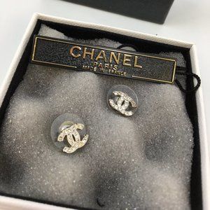 Chanel Silver CC Crystal Rhinestone Earrings Mini